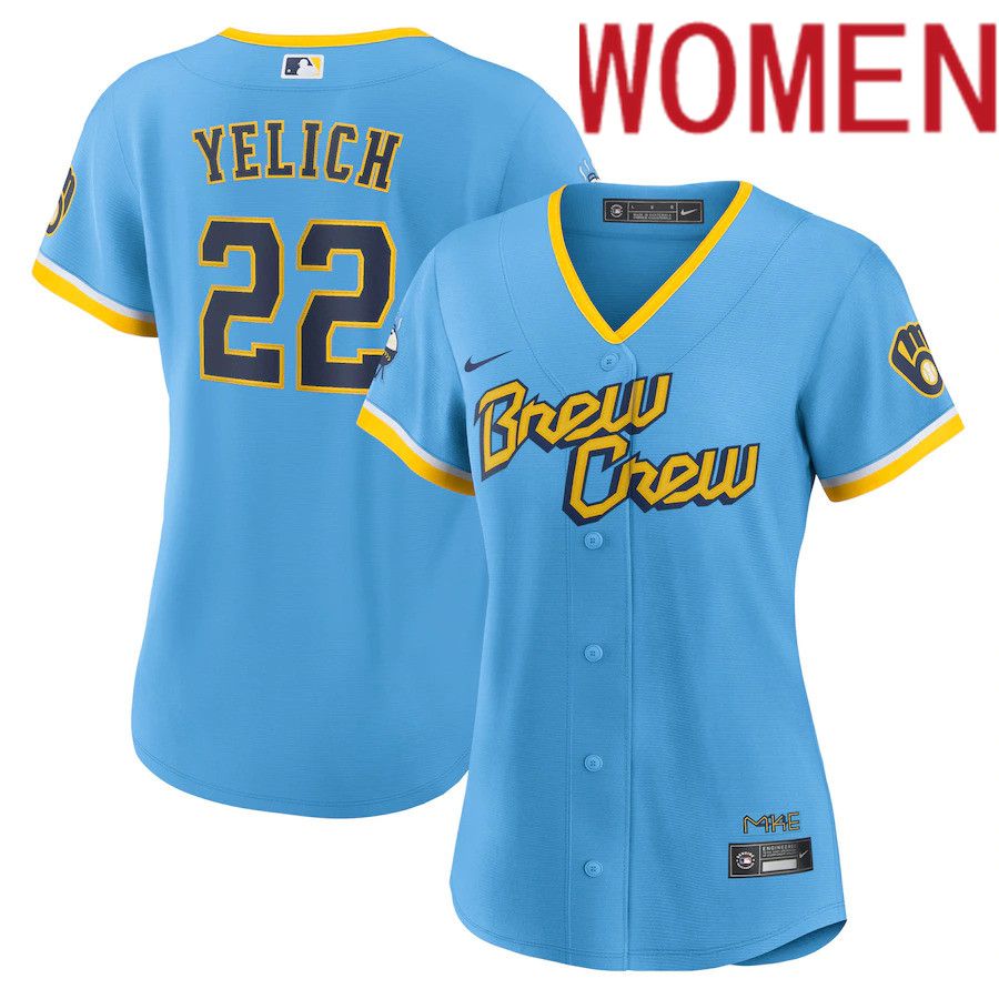 Custom Women Milwaukee Brewers 22 Christian Yelich Nike Powder Blue 2022 City Connect Replica Player MLB Jersey